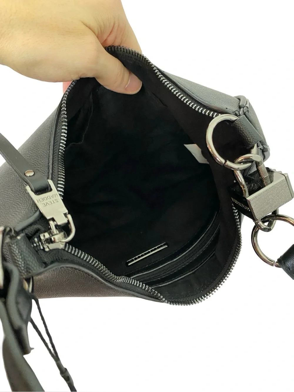 Steve Madden Lohan Shoulder Bag New NWT Black Silver Faux Leather Womens Small